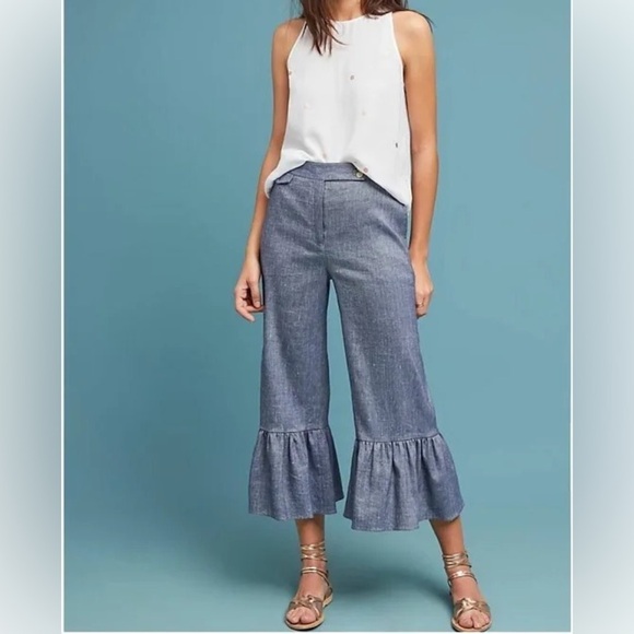 Anthropologie Ett Twa Chambray Linen Ruffle Crop Pants Size 8 - Picture 1 of 11